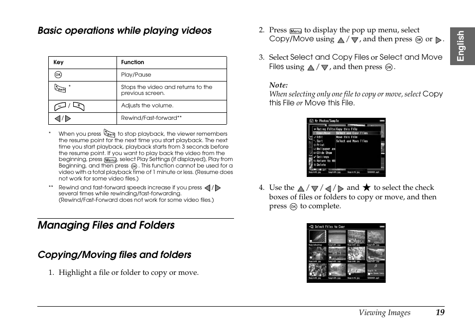 Basic operations while playing videos, Managing files and folders, Copying/moving files and folders | Epson P-7000 User Manual | Page 19 / 29