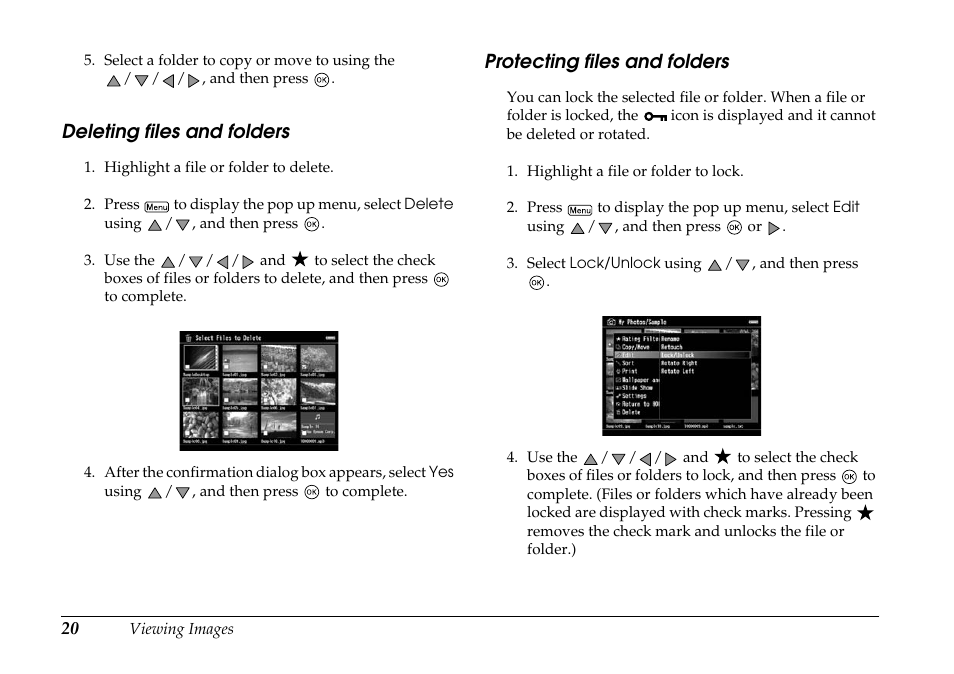 Deleting files and folders, Protecting files and folders | Epson P-7000 User Manual | Page 20 / 29