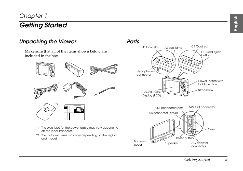 Getting started, Unpacking the viewer, Parts | Chapter 1 gett, Unpacking the viewer parts, Chapter 1 | Epson P-7000 User Manual | Page 5 / 29