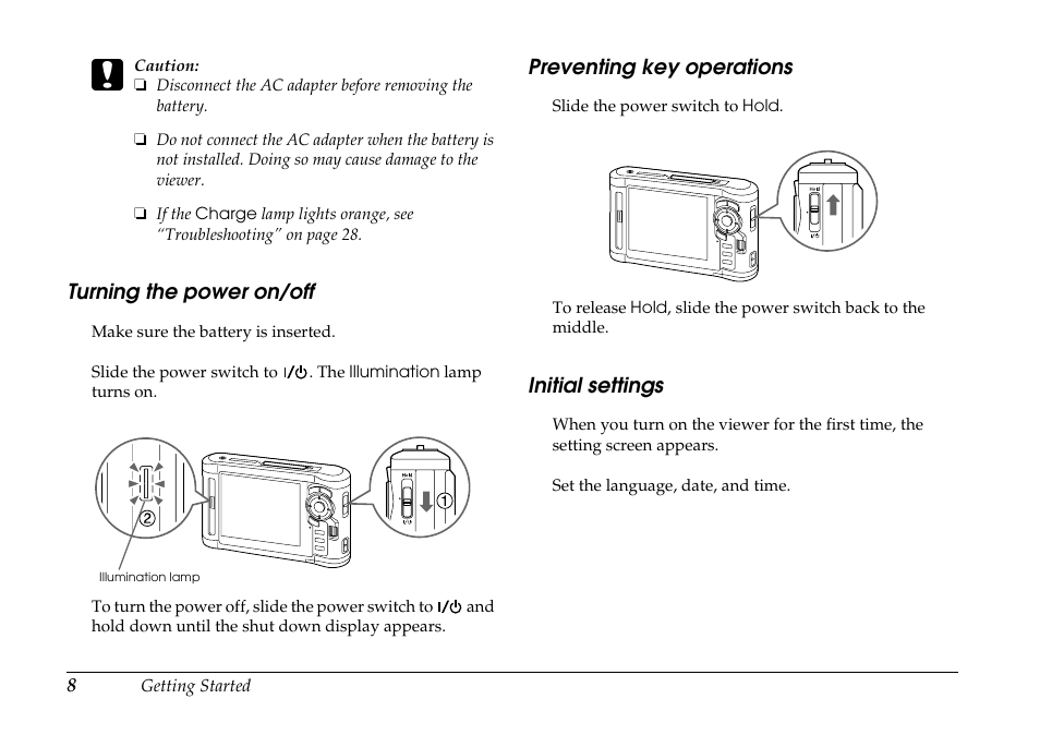 Turning the power on/off, Preventing key operations, Initial settings | Epson P-7000 User Manual | Page 8 / 29