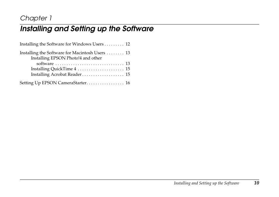 Installing and setting up the software, Chapter 1 | Epson PhotoPC 3100Z User Manual | Page 10 / 80