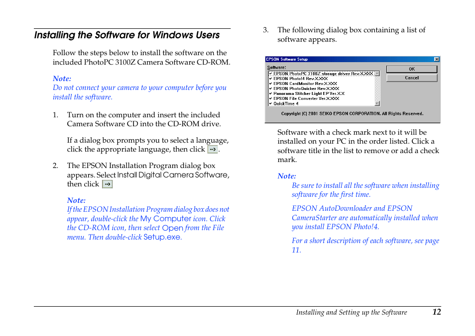 Installing the software for windows users | Epson PhotoPC 3100Z User Manual | Page 12 / 80