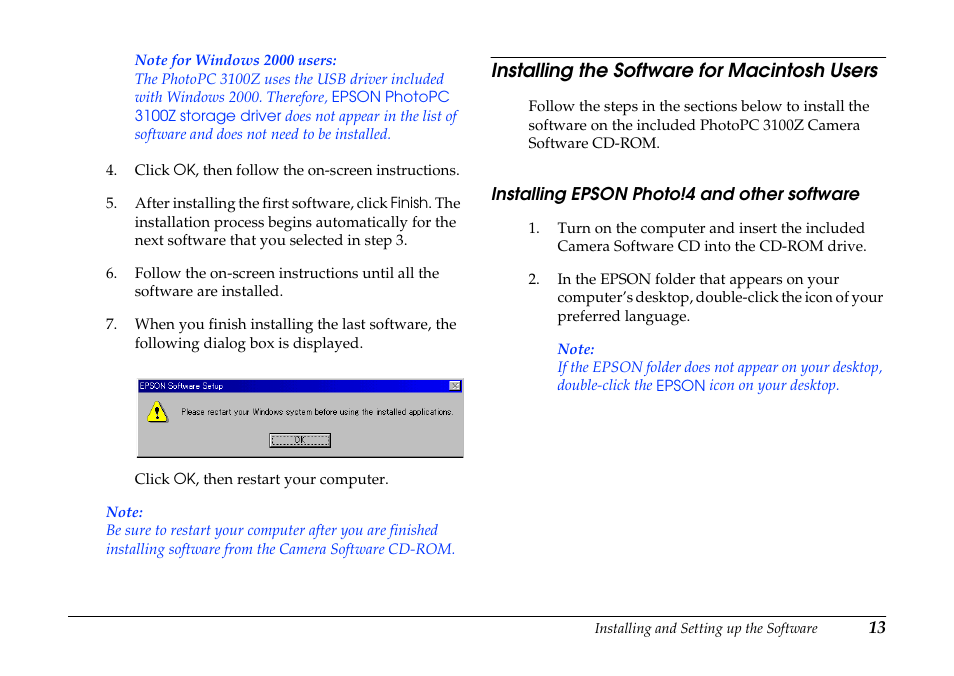 Installing the software for macintosh users, Installing epson photo!4 and other software, Installing epson photo!4 and other | Software | Epson PhotoPC 3100Z User Manual | Page 13 / 80