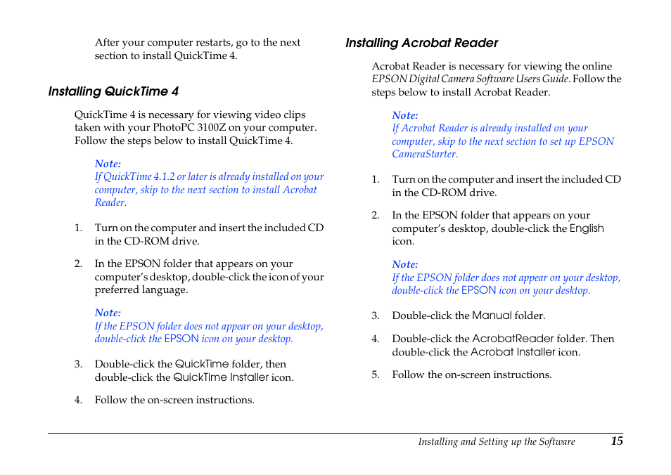 Installing quicktime 4, Installing acrobat reader, Installing quicktime 4 installing acrobat reader | Epson PhotoPC 3100Z User Manual | Page 15 / 80
