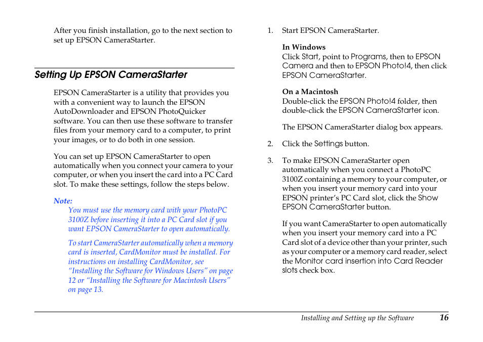 Setting up epson camerastarter | Epson PhotoPC 3100Z User Manual | Page 16 / 80