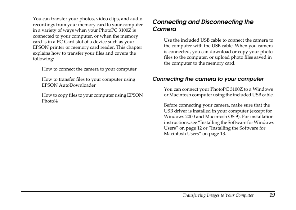 Connecting and disconnecting the camera, Connecting the camera to your computer | Epson PhotoPC 3100Z User Manual | Page 19 / 80