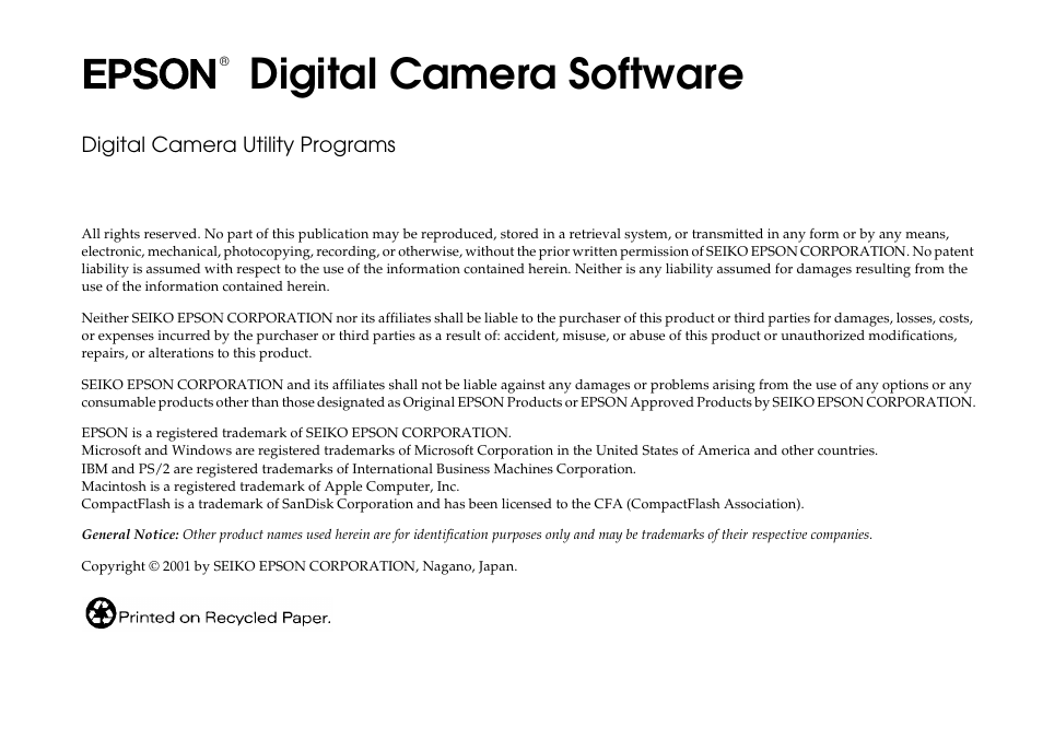 Copyright and licensing information, Digital camera software, Digital camera utility programs | Epson PhotoPC 3100Z User Manual | Page 2 / 80