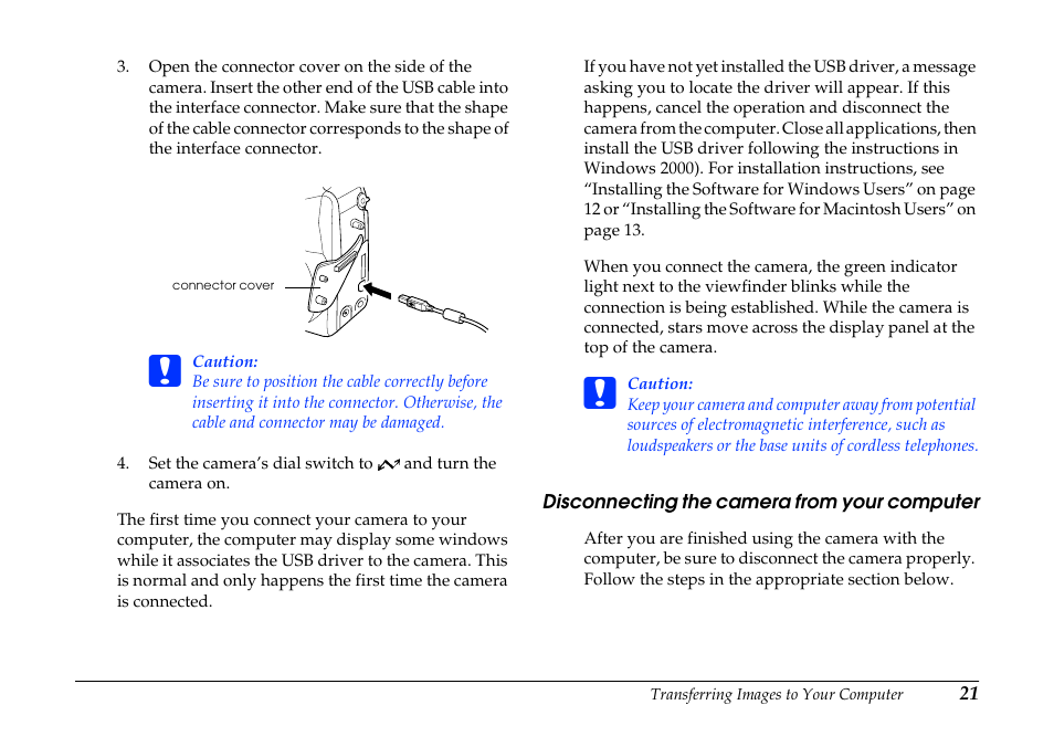 Disconnecting the camera from your computer, Disconnecting the camera from your, Computer | Epson PhotoPC 3100Z User Manual | Page 21 / 80