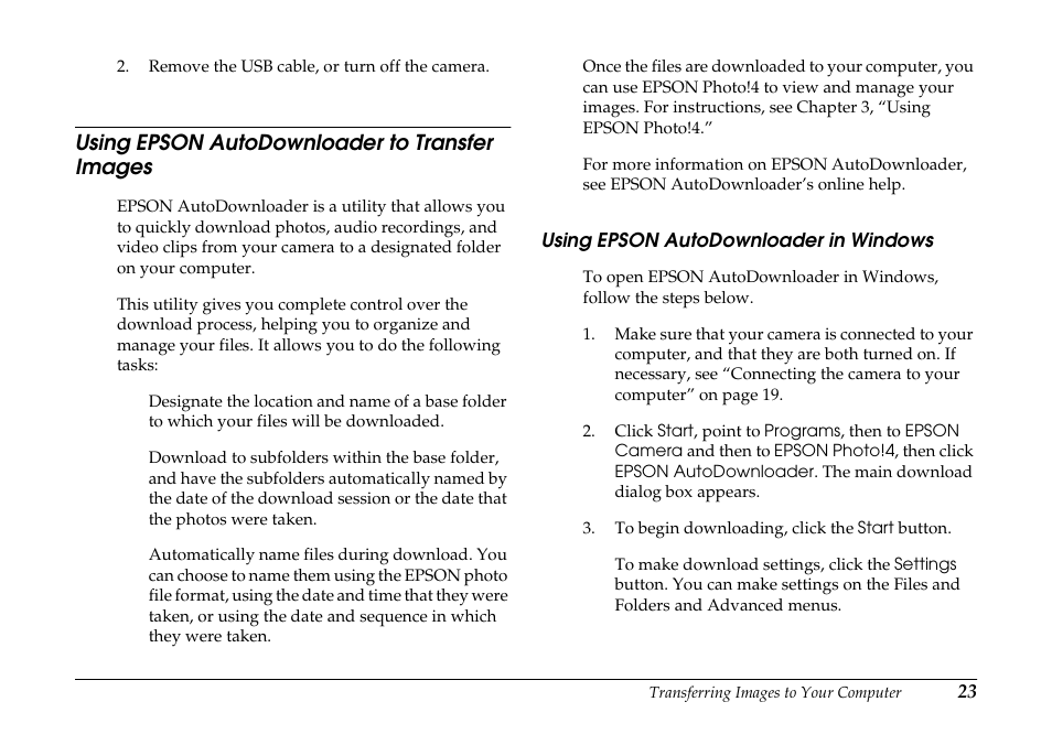 Using epson autodownloader to transfer images, Using epson autodownloader in windows, Using epson autodownloader to transfer | Images, Using epson autodownloader, In windows | Epson PhotoPC 3100Z User Manual | Page 23 / 80