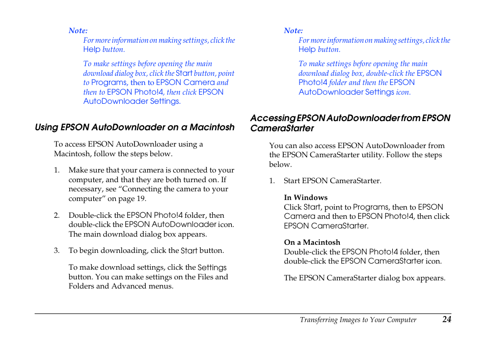 Using epson autodownloader on a macintosh, Using epson autodownloader, On a macintosh | Accessing epson autodownloader from, Epson camerastarter | Epson PhotoPC 3100Z User Manual | Page 24 / 80