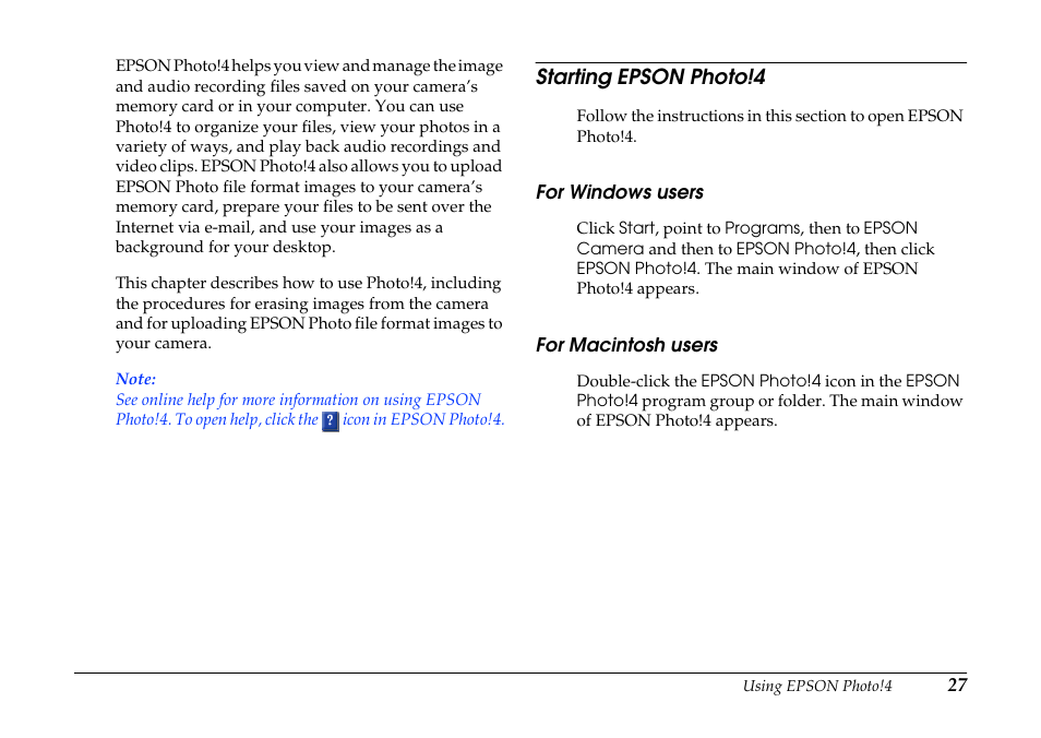 Starting epson photo!4, For windows users, For macintosh users | For windows users for macintosh users | Epson PhotoPC 3100Z User Manual | Page 27 / 80