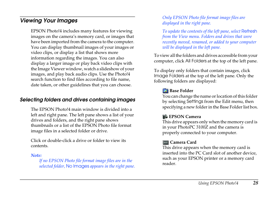 Viewing your images, Selecting folders and drives containing images, Selecting folders and drives containing | Images | Epson PhotoPC 3100Z User Manual | Page 28 / 80