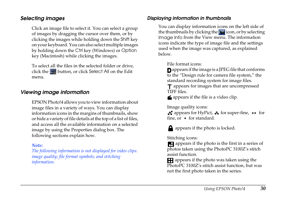 Selecting images, Viewing image information, Selecting images viewing image information | Epson PhotoPC 3100Z User Manual | Page 30 / 80