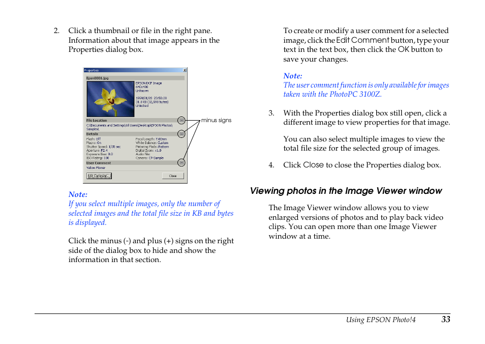 Viewing photos in the image viewer window, Viewing photos in the image viewer, Window | Epson PhotoPC 3100Z User Manual | Page 33 / 80