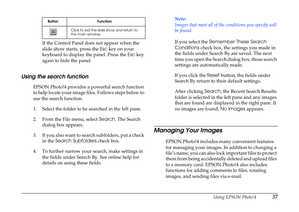 Using the search function, Managing your images | Epson PhotoPC 3100Z User Manual | Page 37 / 80