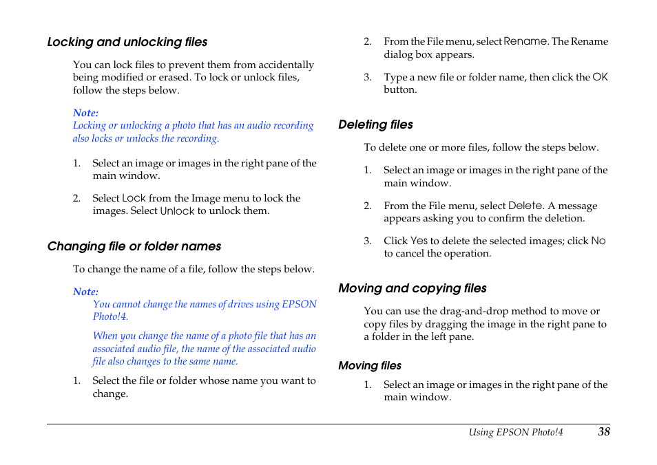 Locking and unlocking files, Changing file or folder names, Deleting files | Moving and copying files | Epson PhotoPC 3100Z User Manual | Page 38 / 80