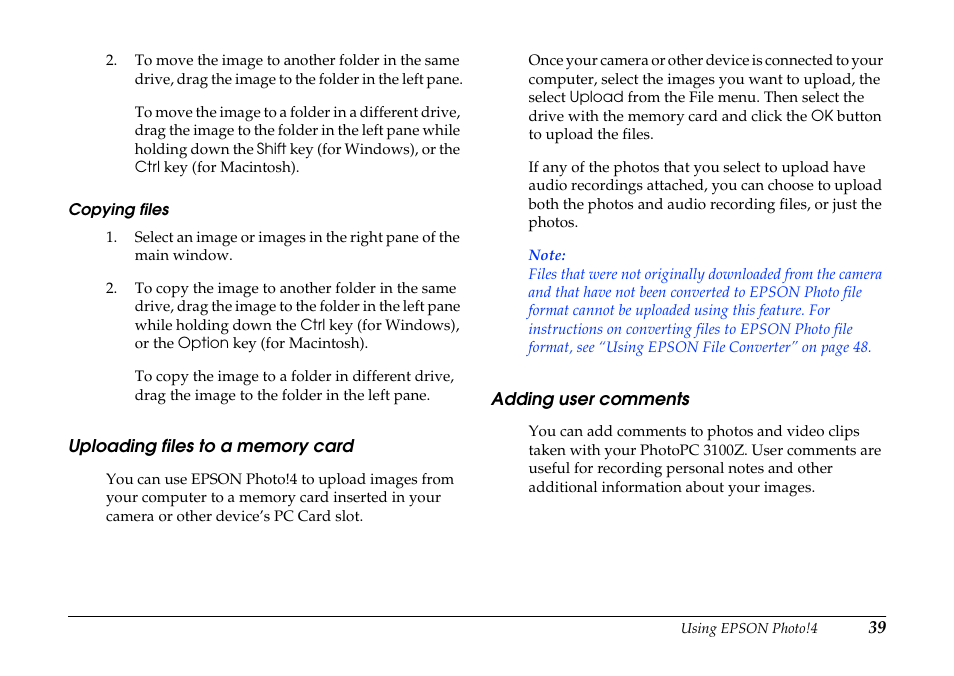 Uploading files to a memory card, Adding user comments | Epson PhotoPC 3100Z User Manual | Page 39 / 80