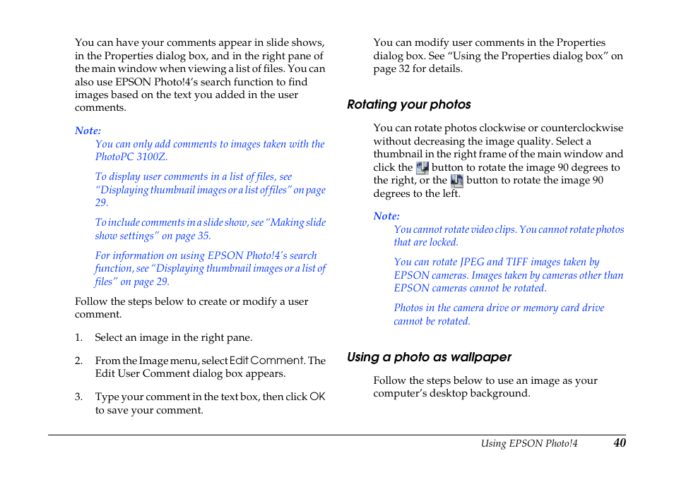 Rotating your photos, Using a photo as wallpaper, Rotating your photos using a photo as wallpaper | Epson PhotoPC 3100Z User Manual | Page 40 / 80