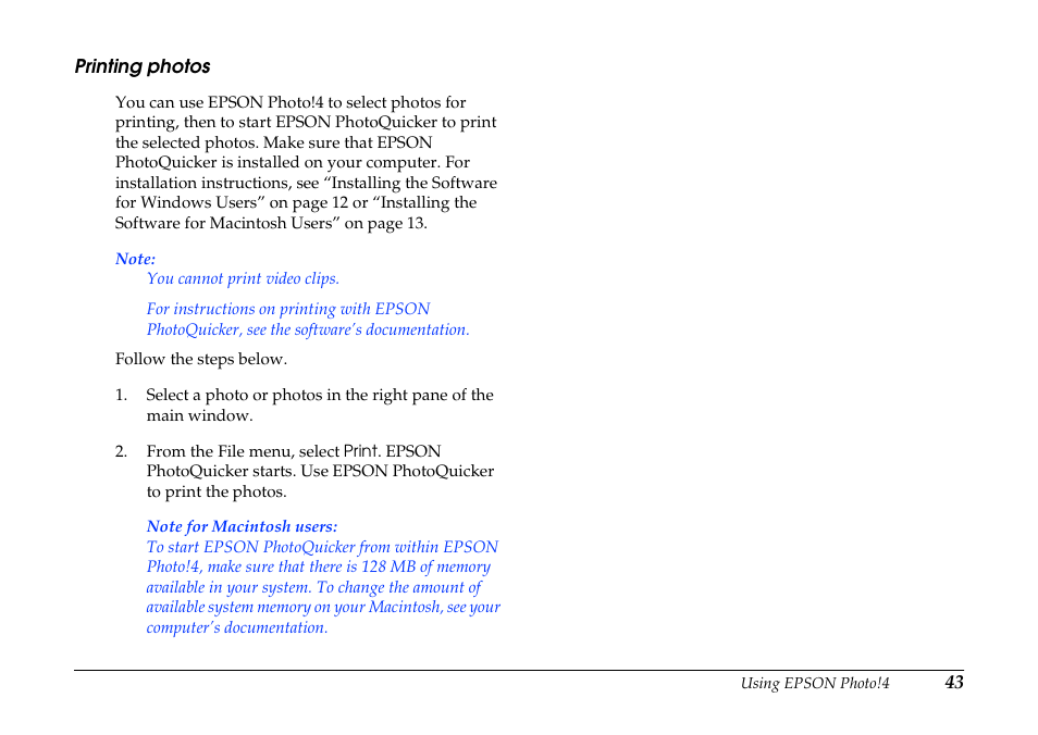 Printing photos | Epson PhotoPC 3100Z User Manual | Page 43 / 80