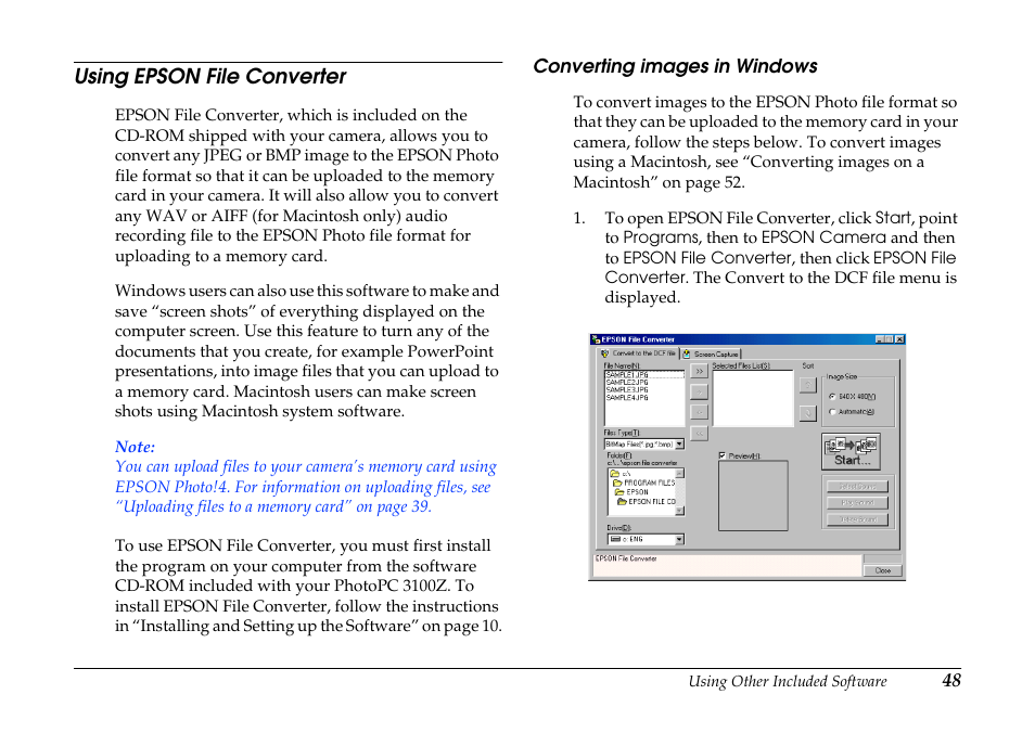 Using epson file converter, Converting images in windows | Epson PhotoPC 3100Z User Manual | Page 48 / 80