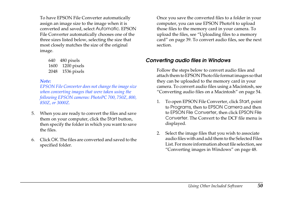 Converting audio files in windows | Epson PhotoPC 3100Z User Manual | Page 50 / 80
