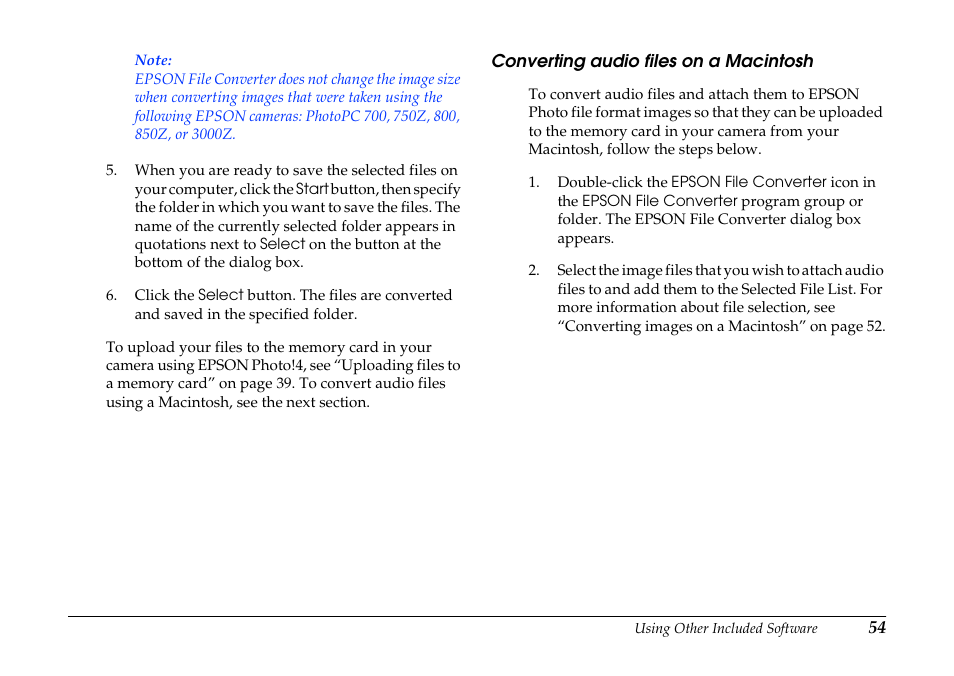 Converting audio files on a macintosh | Epson PhotoPC 3100Z User Manual | Page 54 / 80