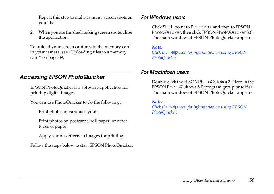 Accessing epson photoquicker, For windows users, For macintosh users | For windows users for macintosh users | Epson PhotoPC 3100Z User Manual | Page 59 / 80