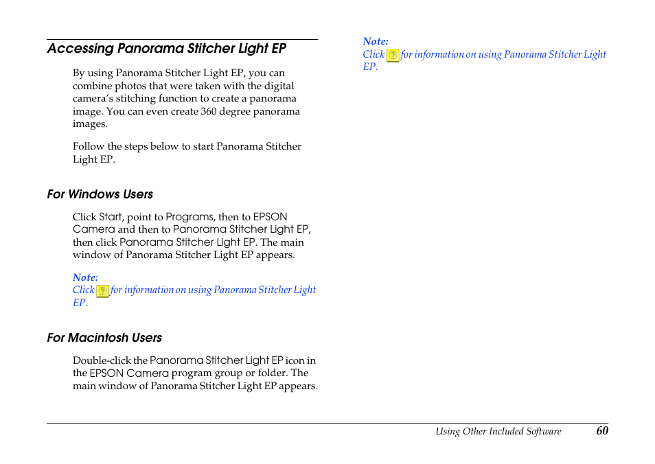 Accessing panorama stitcher light ep, For windows users, For macintosh users | For windows users for macintosh users | Epson PhotoPC 3100Z User Manual | Page 60 / 80