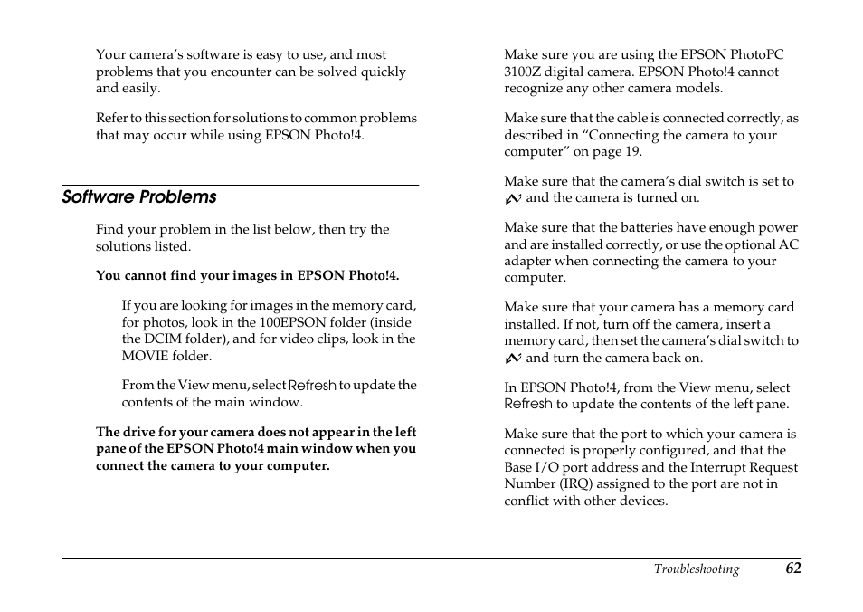 Software problems | Epson PhotoPC 3100Z User Manual | Page 62 / 80