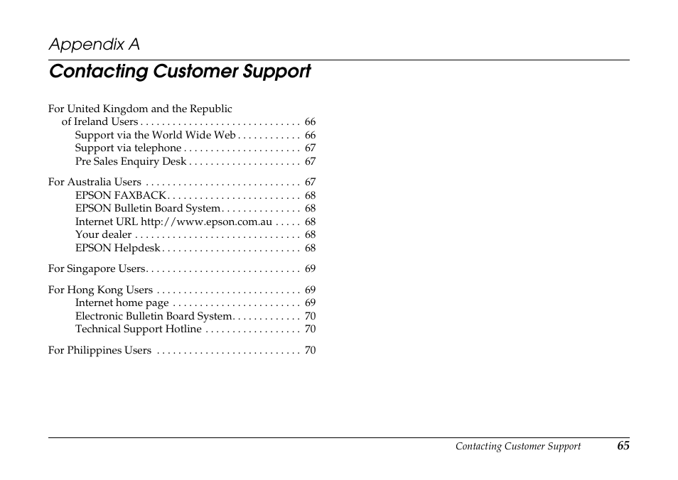 Contacting customer support, Appendix a co, Appendix a | Epson PhotoPC 3100Z User Manual | Page 65 / 80