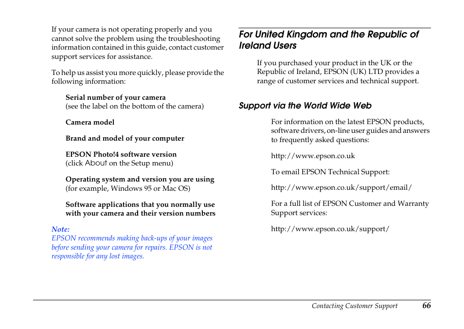 Support via the world wide web, For united kingdom and the republic of, Ireland users | For united kingdom and the republic, Of ireland users | Epson PhotoPC 3100Z User Manual | Page 66 / 80