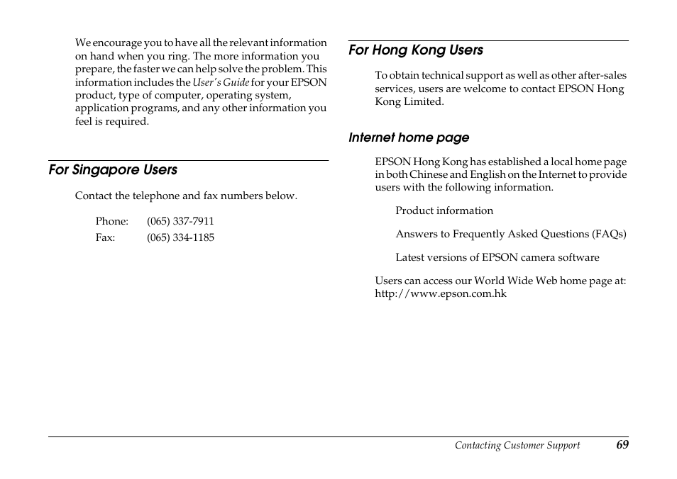 For singapore users, For hong kong users, For singapore users for hong kong users | Epson PhotoPC 3100Z User Manual | Page 69 / 80