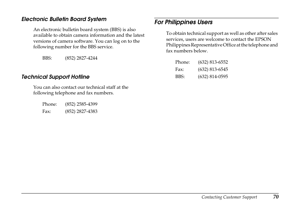 Electronic bulletin board system, Technical support hotline, For philippines users | Epson PhotoPC 3100Z User Manual | Page 70 / 80