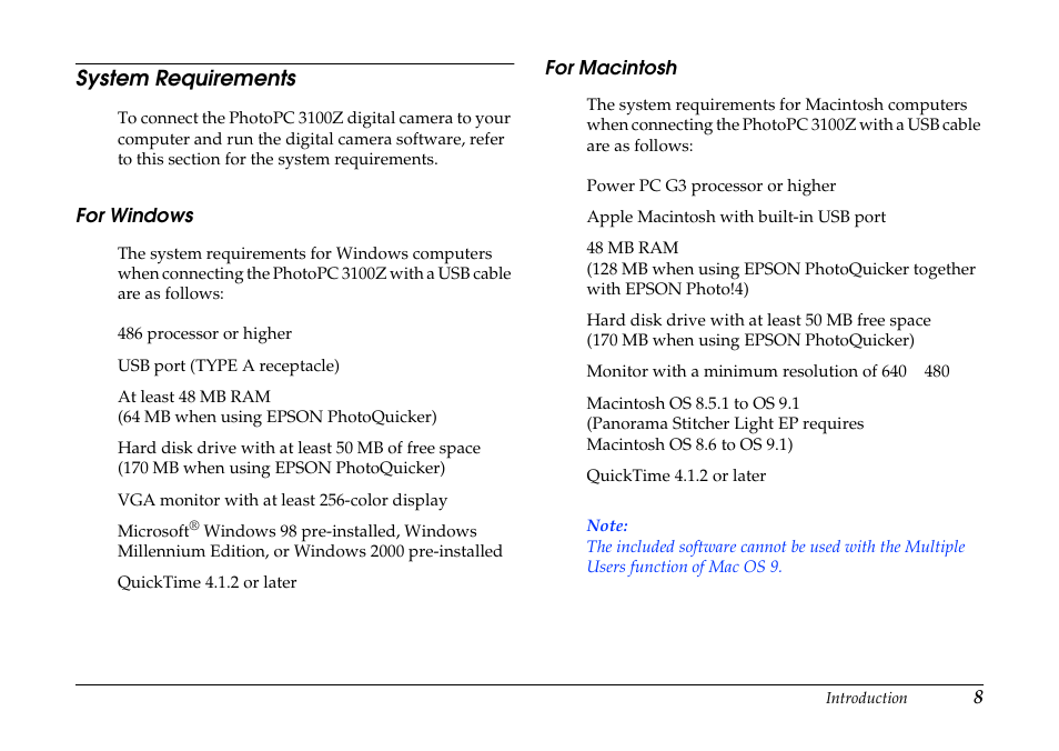 System requirements, For windows, For macintosh | For windows for macintosh | Epson PhotoPC 3100Z User Manual | Page 8 / 80