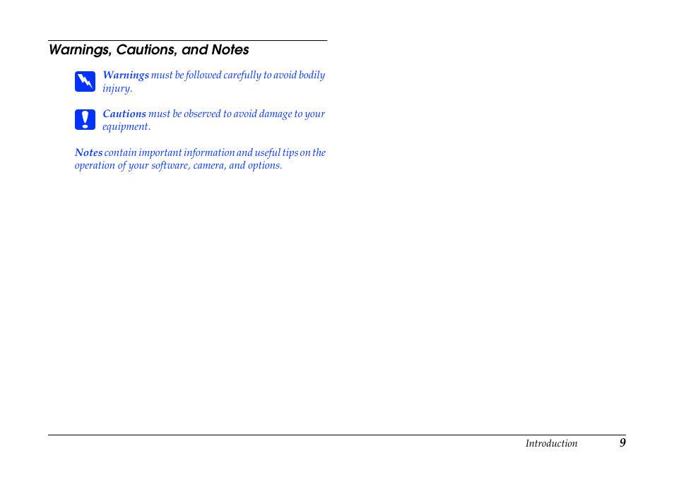 Warnings, cautions, and notes | Epson PhotoPC 3100Z User Manual | Page 9 / 80
