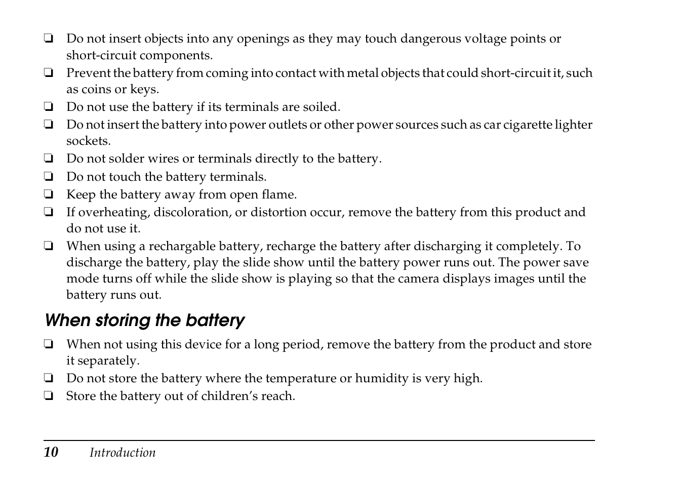 When storing the battery | Epson PhotoPC L-410 User Manual | Page 10 / 98