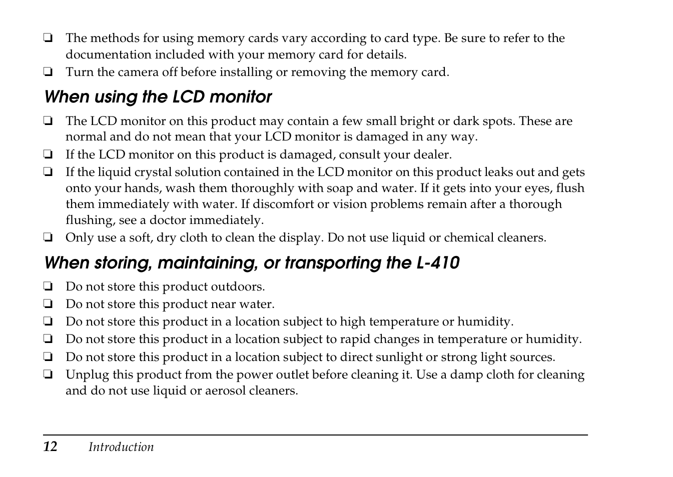 When using the lcd monitor | Epson PhotoPC L-410 User Manual | Page 12 / 98