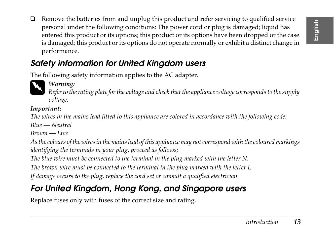 Safety information for united kingdom users, For united kingdom, hong kong, and singapore users | Epson PhotoPC L-410 User Manual | Page 13 / 98