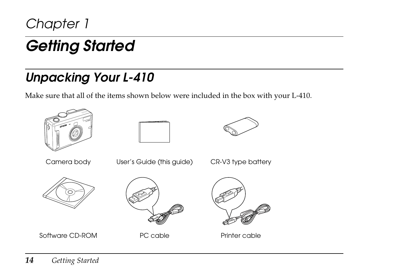 Getting started, Chapter 1, Unpacking your l-410 | Epson PhotoPC L-410 User Manual | Page 14 / 98