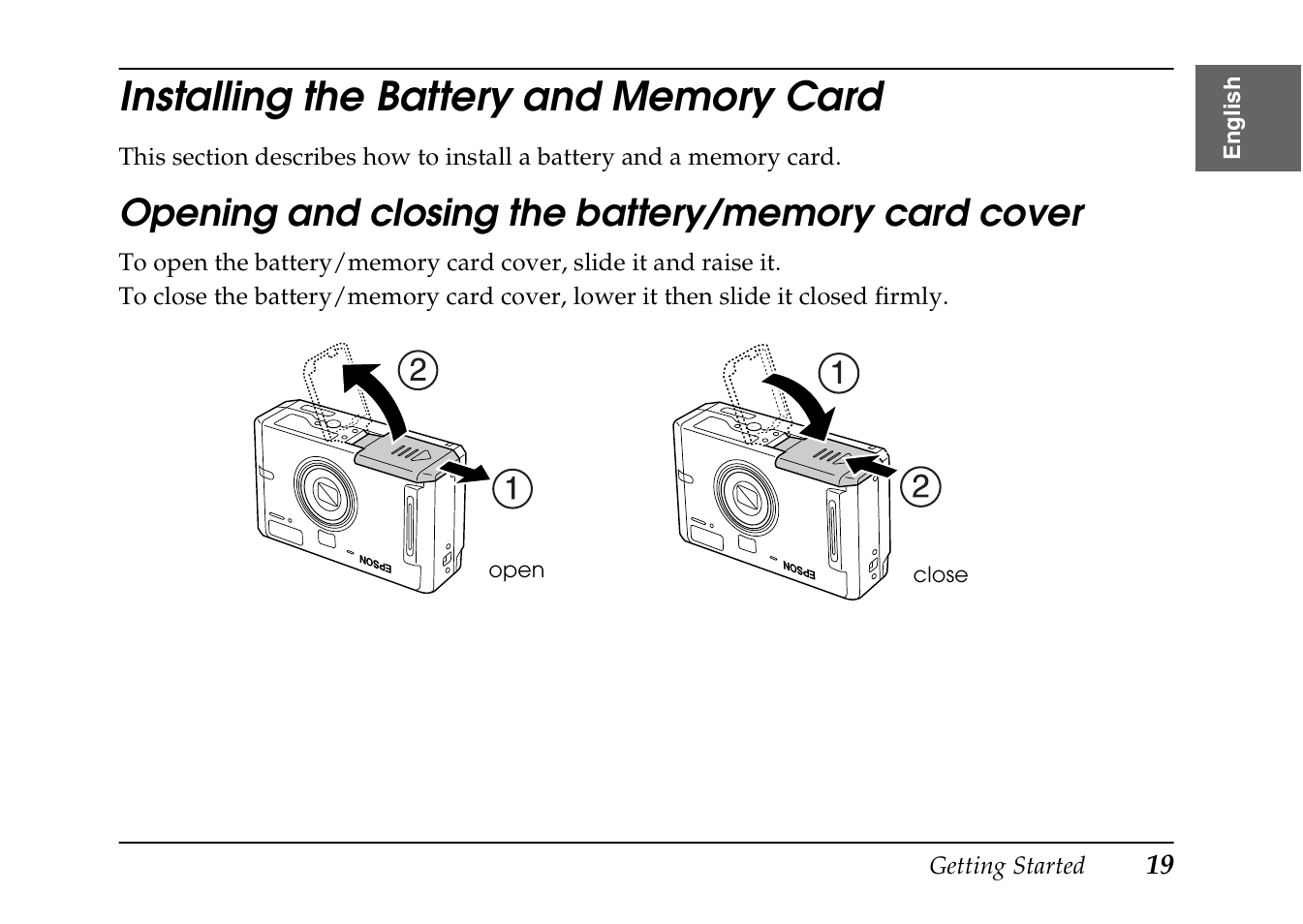 Installing the battery and memory card, Opening and closing the battery, Memory card cover | Epson PhotoPC L-410 User Manual | Page 19 / 98