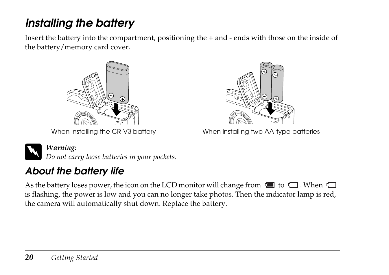 Installing the battery | Epson PhotoPC L-410 User Manual | Page 20 / 98