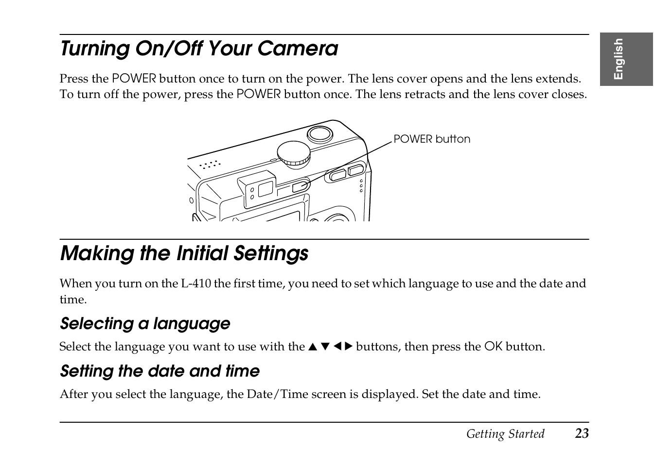 Turning on/off your camera, Making the initial settings | Epson PhotoPC L-410 User Manual | Page 23 / 98