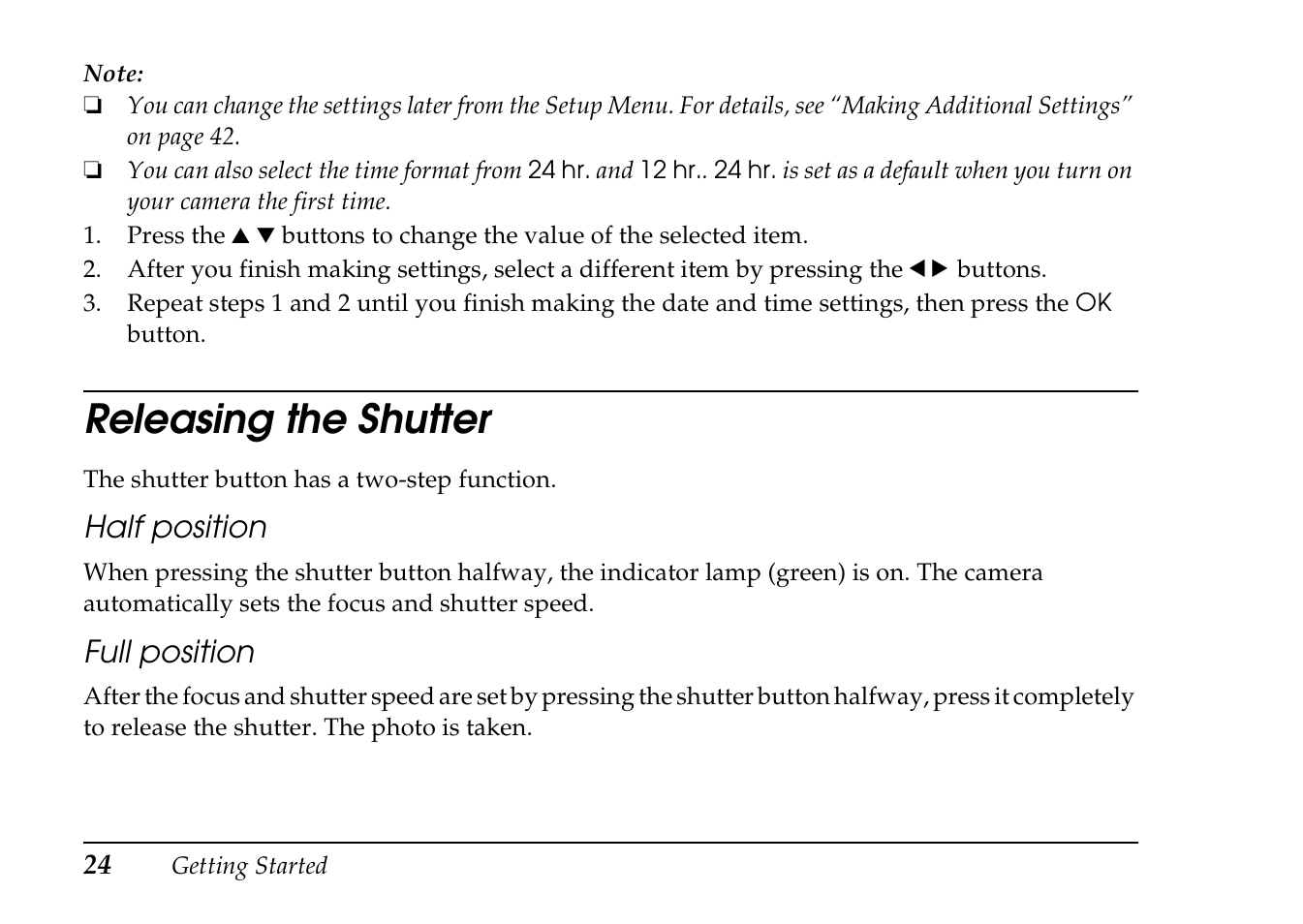 Releasing the shutter, Half position, Full position | Epson PhotoPC L-410 User Manual | Page 24 / 98