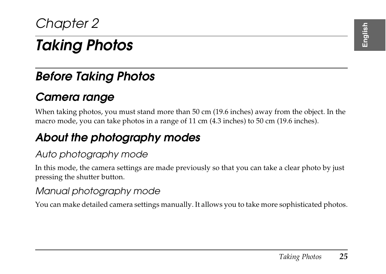 Taking photos, Chapter 2, Before taking photos | Camera range about the photography modes | Epson PhotoPC L-410 User Manual | Page 25 / 98