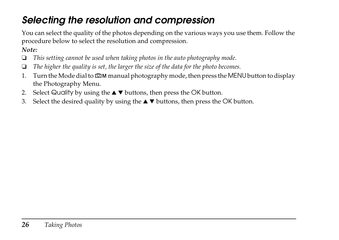 Selecting the resolution and, Compression, Selecting the resolution and compression | Epson PhotoPC L-410 User Manual | Page 26 / 98