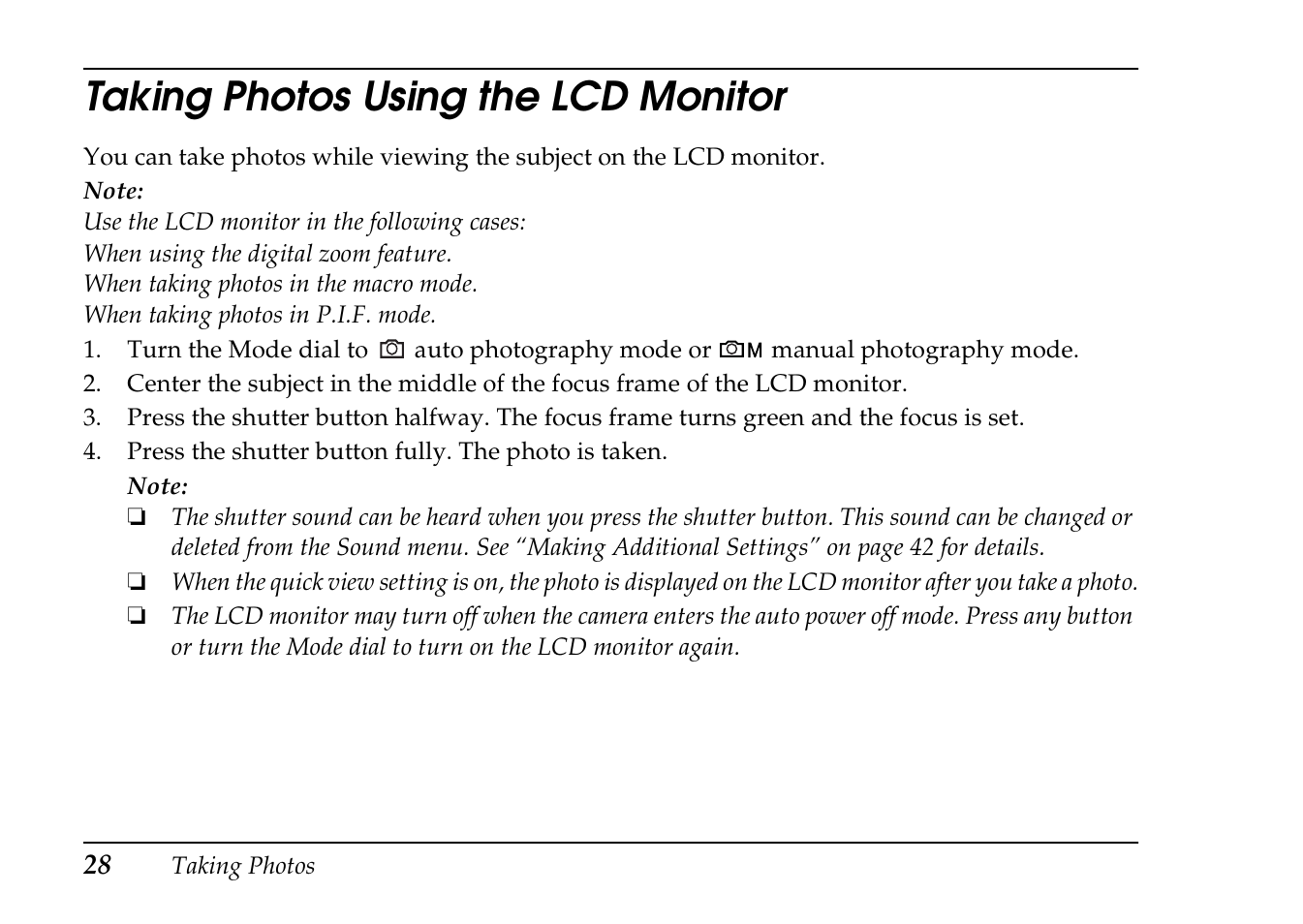 Taking photos using the lcd monitor | Epson PhotoPC L-410 User Manual | Page 28 / 98