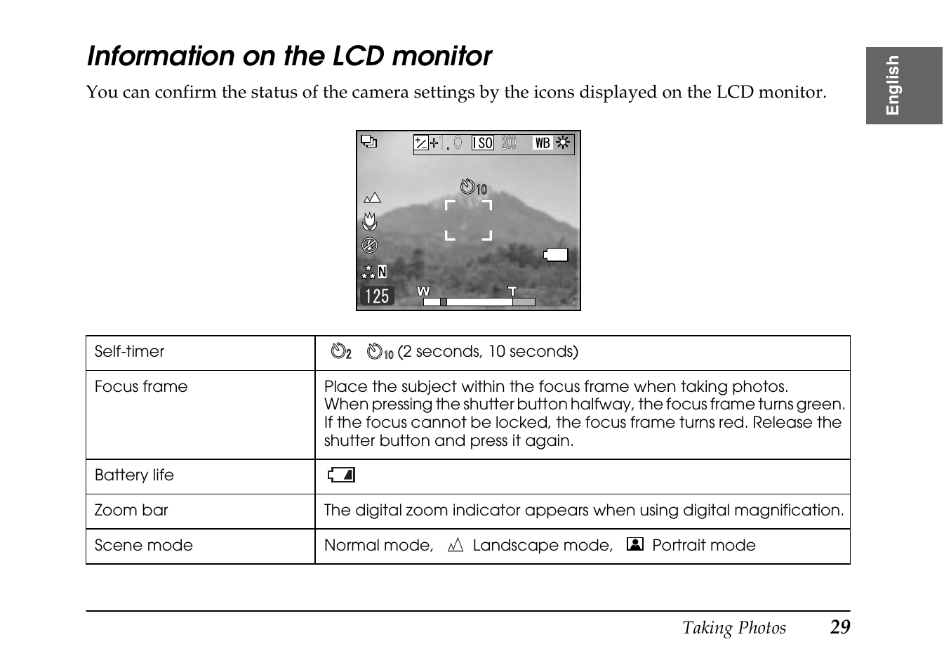 Information on the lcd monitor | Epson PhotoPC L-410 User Manual | Page 29 / 98