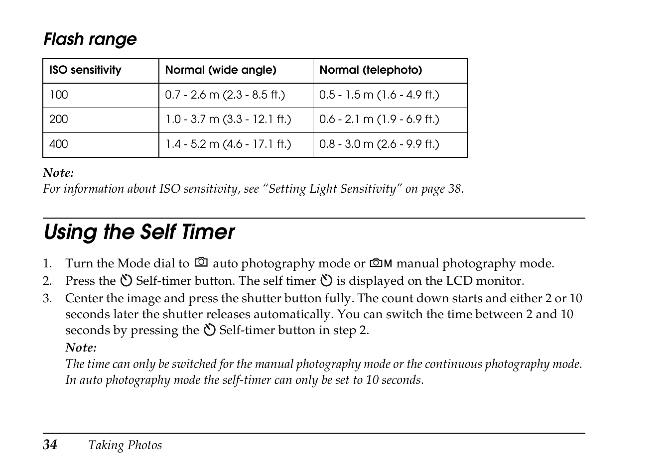 Using the self timer, Flash range | Epson PhotoPC L-410 User Manual | Page 34 / 98