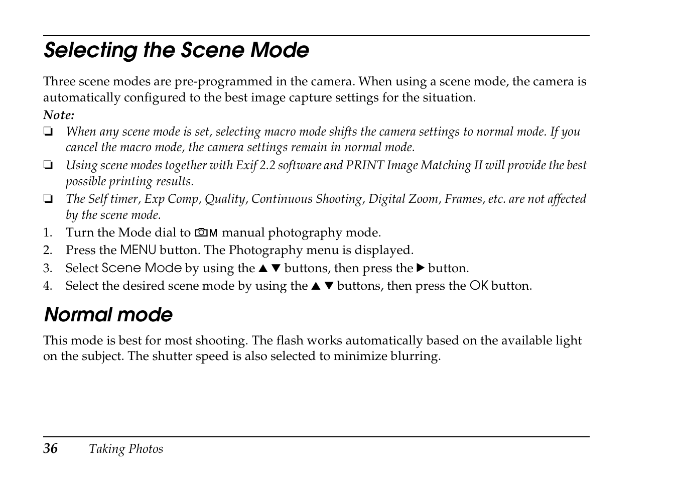 Selecting the scene mode, Normal mode | Epson PhotoPC L-410 User Manual | Page 36 / 98