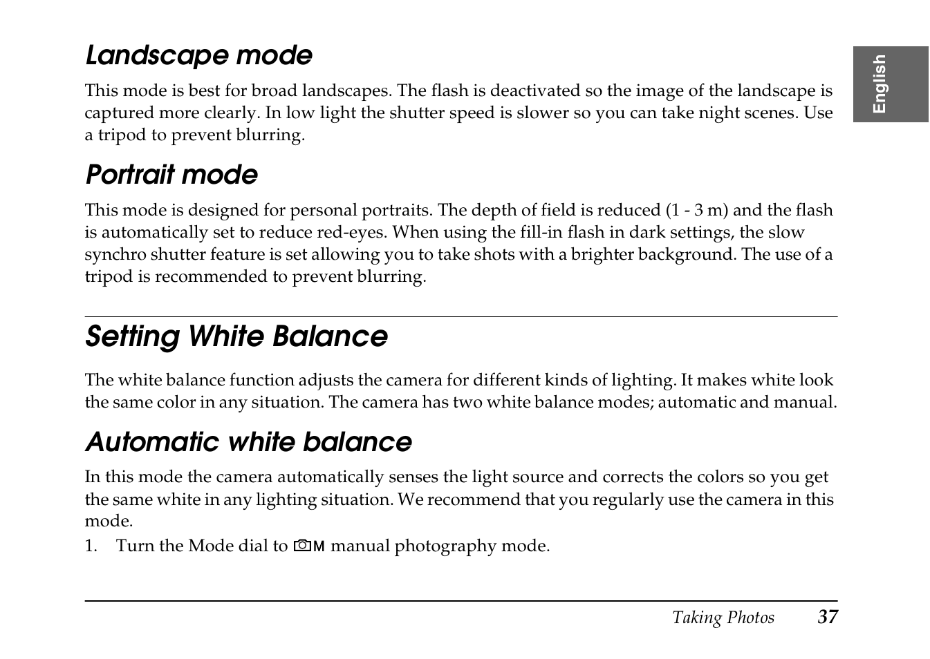Landscape mode, Portrait mode, Setting white balance | Automatic white balance | Epson PhotoPC L-410 User Manual | Page 37 / 98